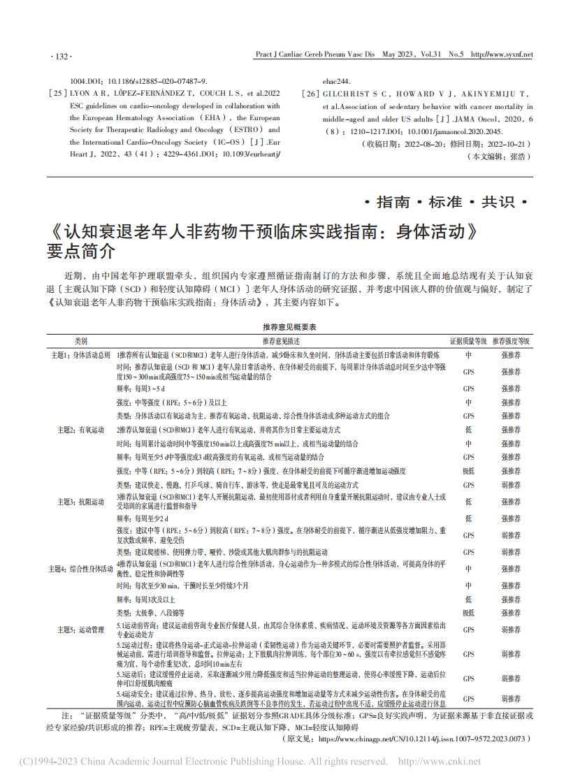 《认知衰退老年人非药物干预临床实践指南：身体活动》要点简介