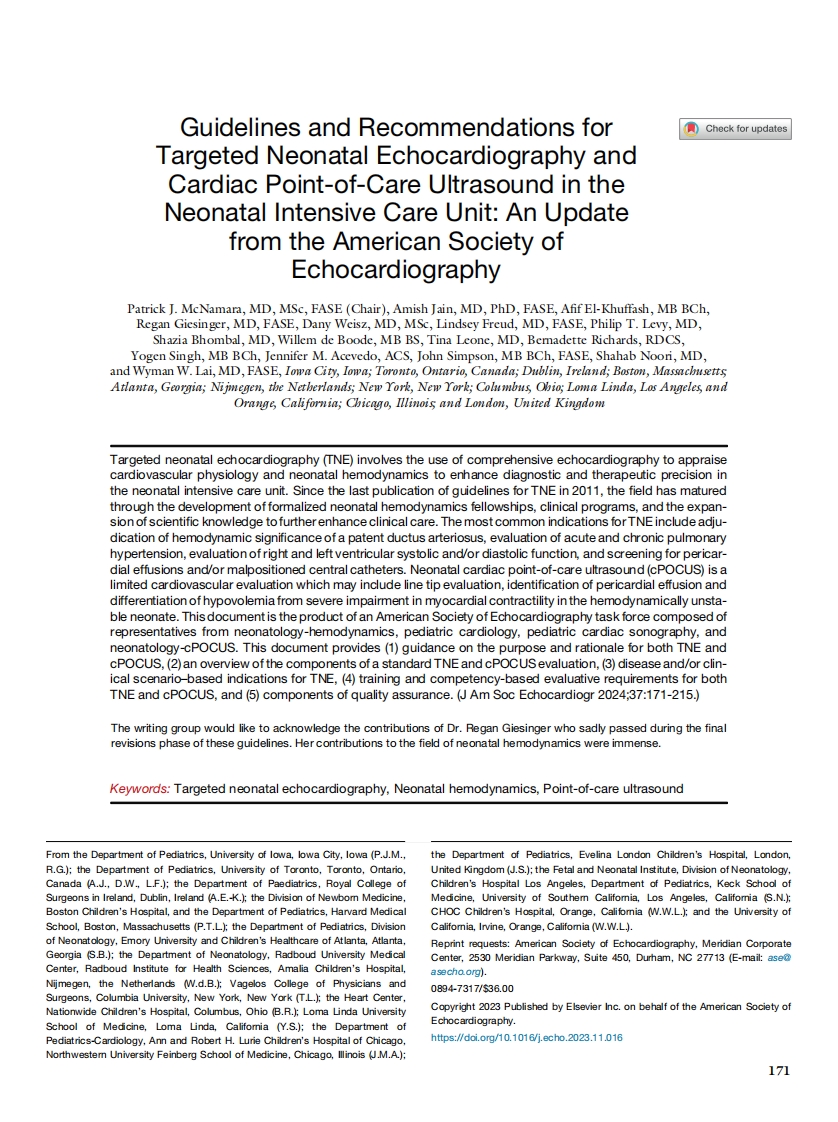 2_2024+ASE指南建议：针对性新生儿超声心动图和心脏床旁超声检查在新生儿重症监护室的应用（更新版）