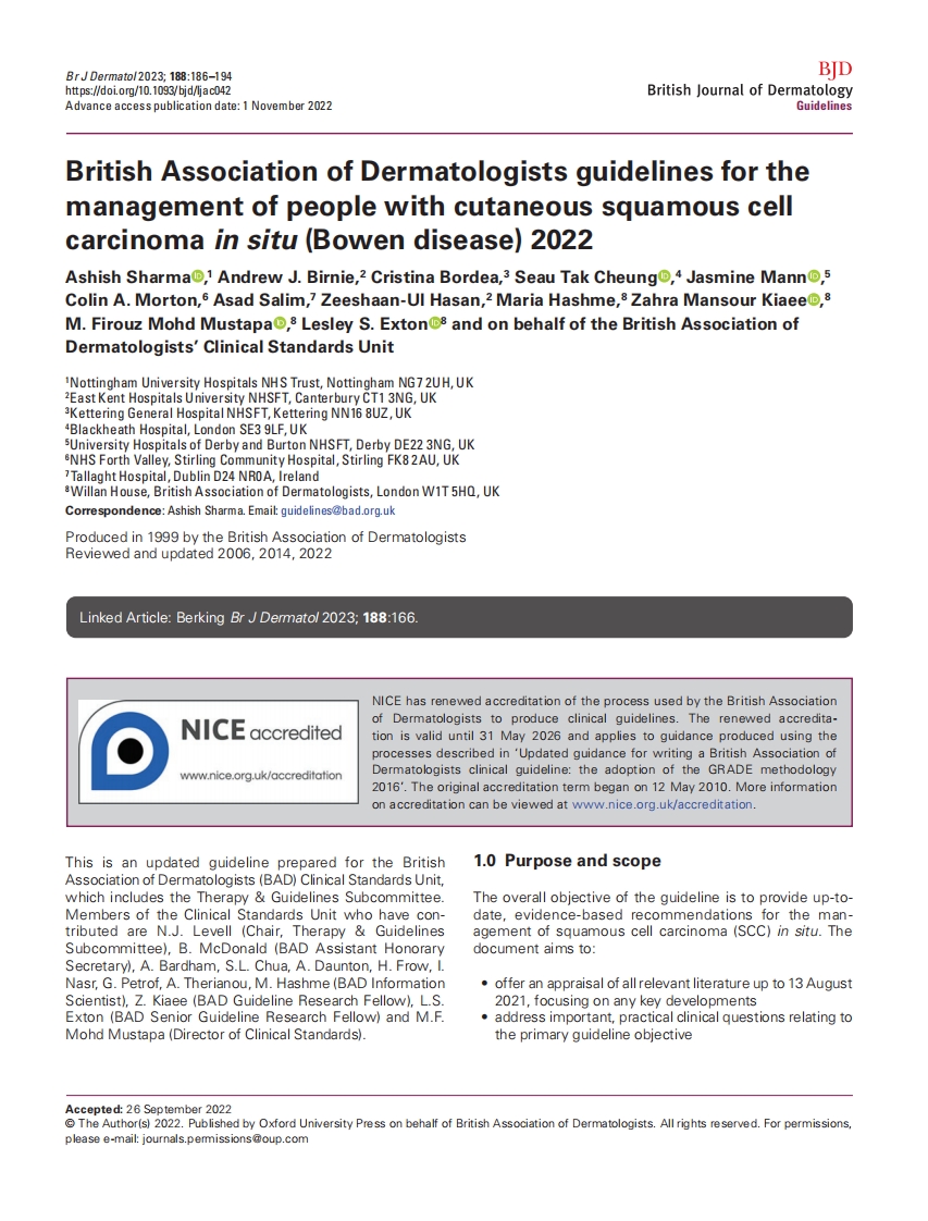 2022 BAD指南：皮肤原位鳞状细胞癌(鲍温病)的治疗