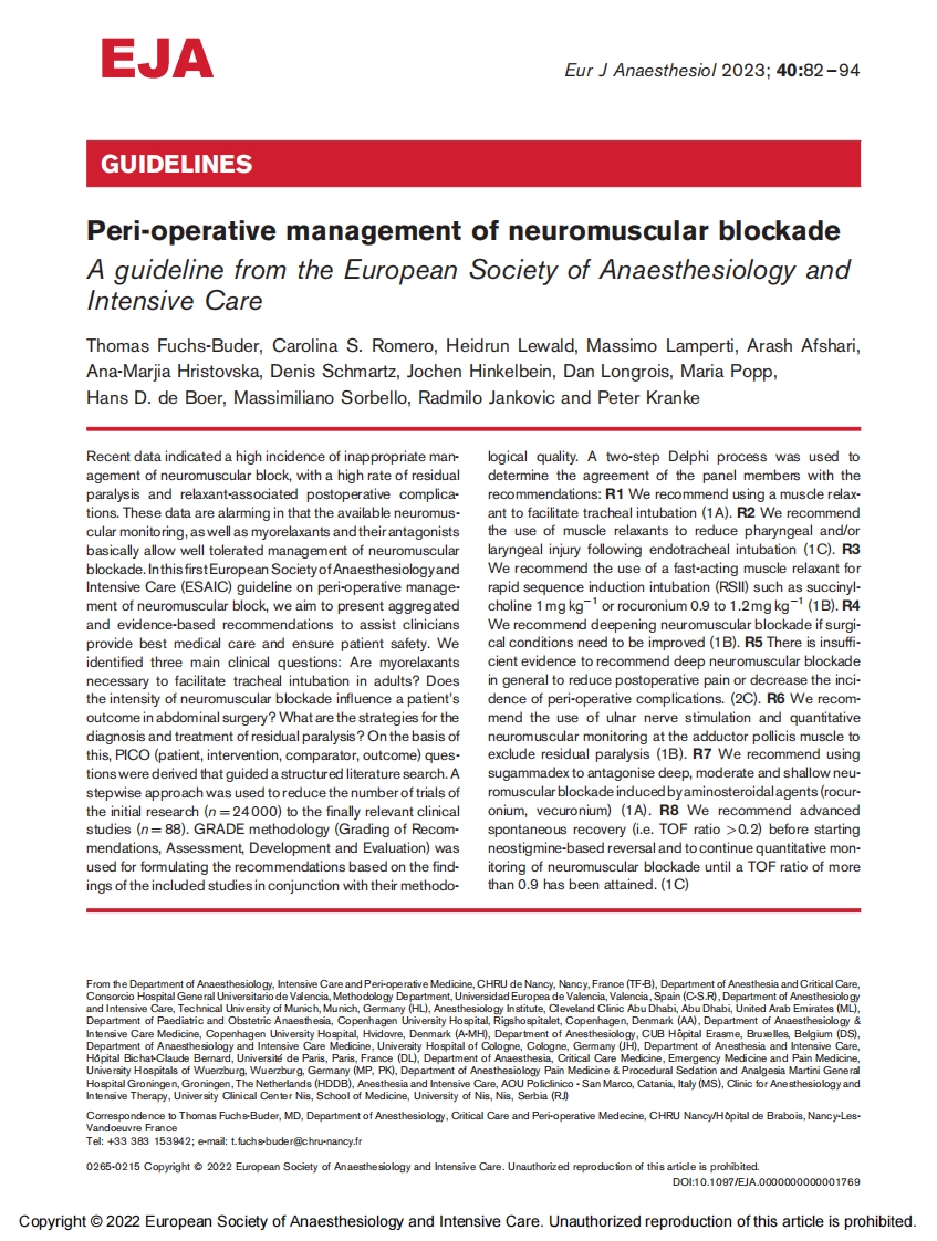 2022 ESAIC指南：神经肌肉阻滞的围术期管理