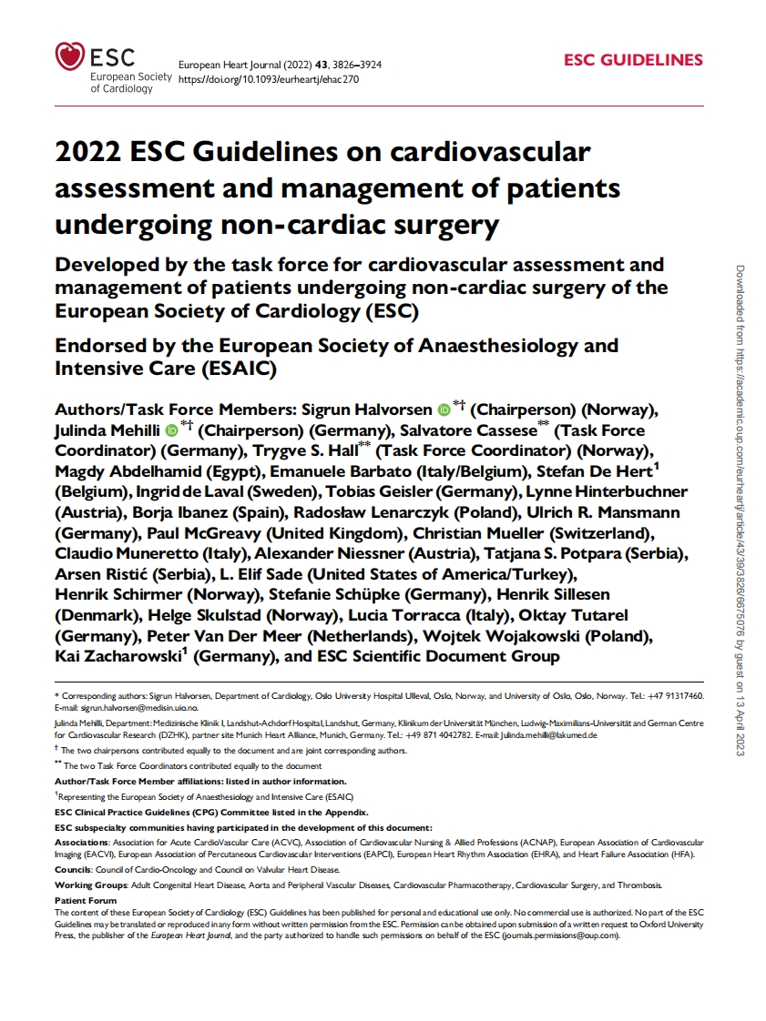 2022 ESC指南：接受非心脏手术患者的心血管评估和管理