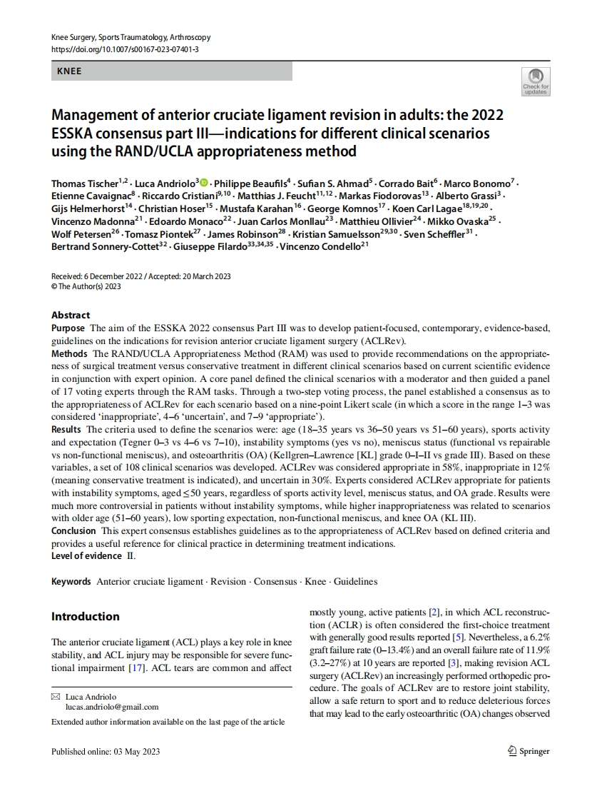 2022 ESSKA 成人前交叉韧带翻修术的管理共识：使用 RAND UCLA 适当性方法针对不同临床情况的适应症（第III部分