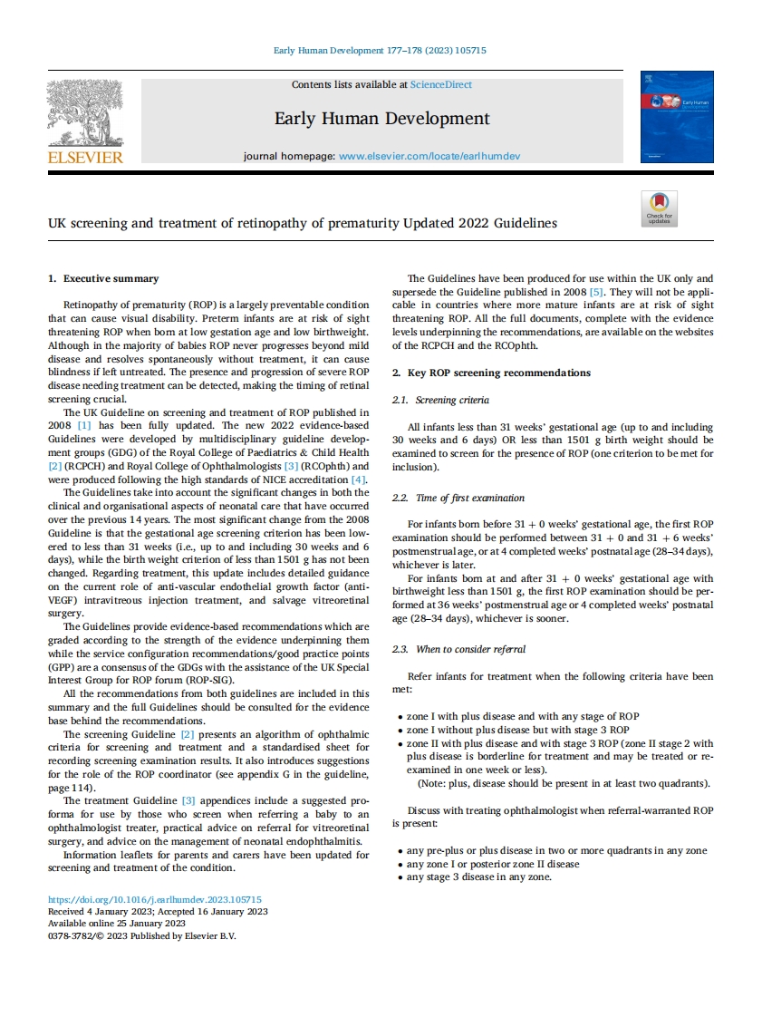 2022 RCPCH／RCO指南：早产儿视网膜病的筛查和治疗（更新版）