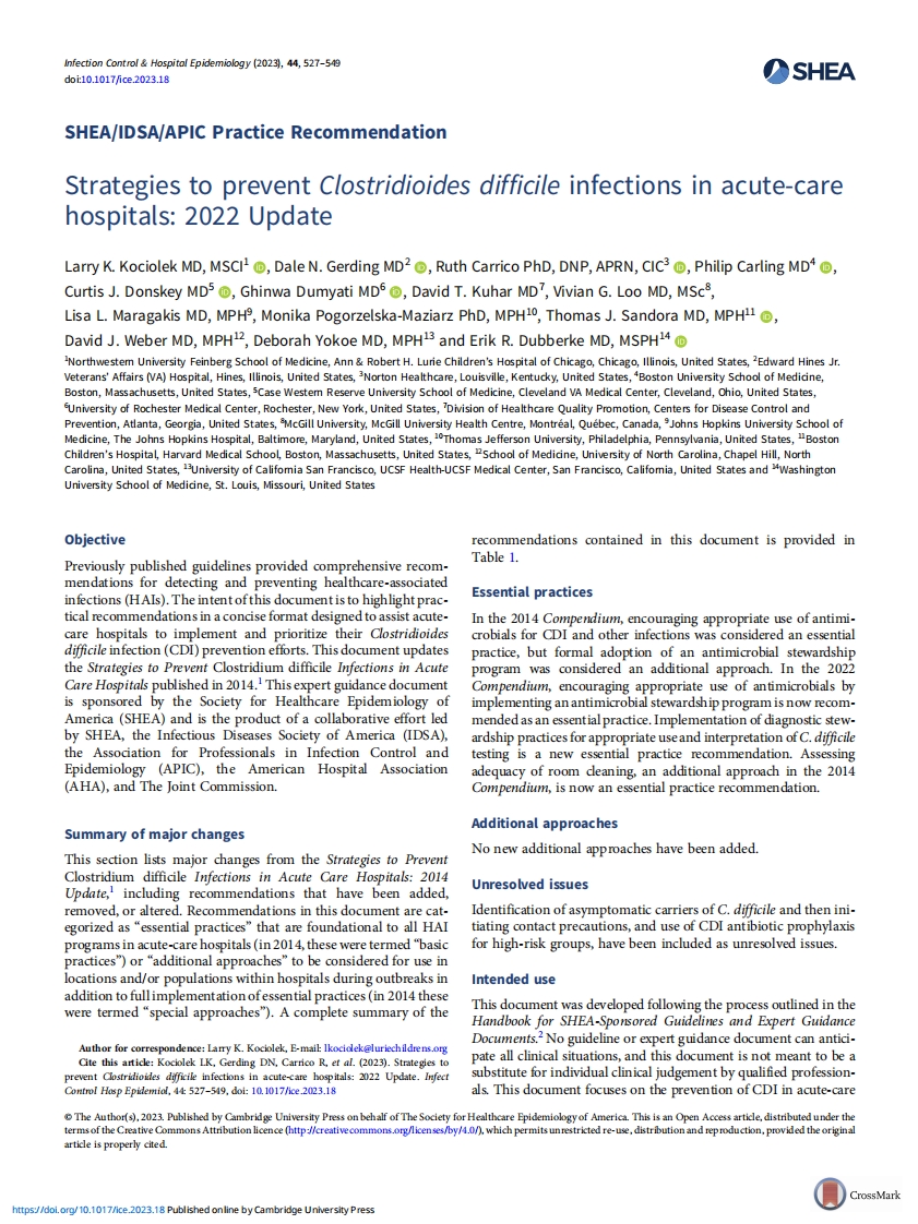 2022 SHEA／IDSA／APIC实践建议：急诊医院艰难梭菌感染的预防策略（更新版）