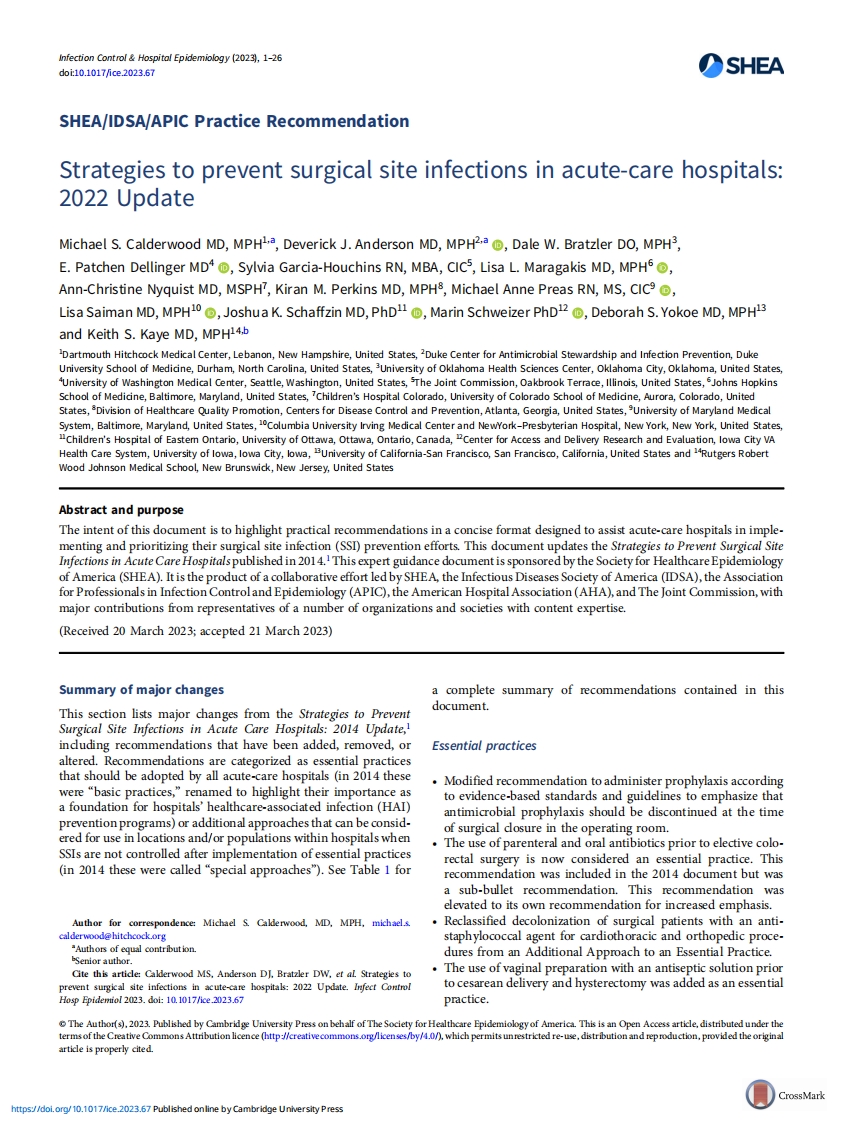 2022 SHEA／IDSA／APIC实践建议：急诊医院手术部位感染的预防策略