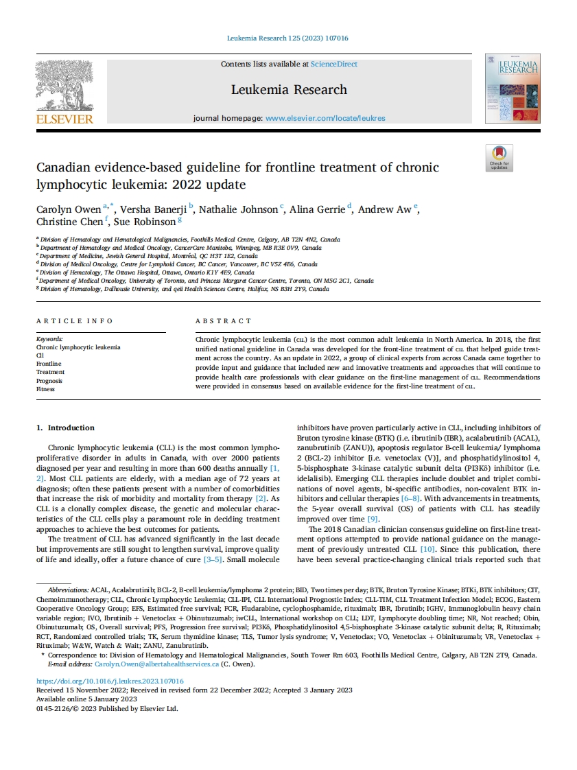 2022 加拿大循证指南：慢性淋巴细胞白血病的一线治疗（更新版）
