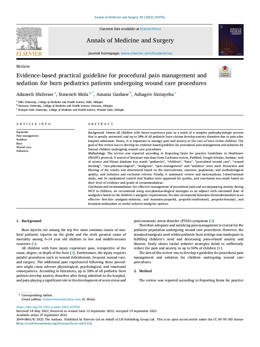 2022 循证实践指南：烧伤患儿伤口护理过程中的程序性疼痛管理和镇静