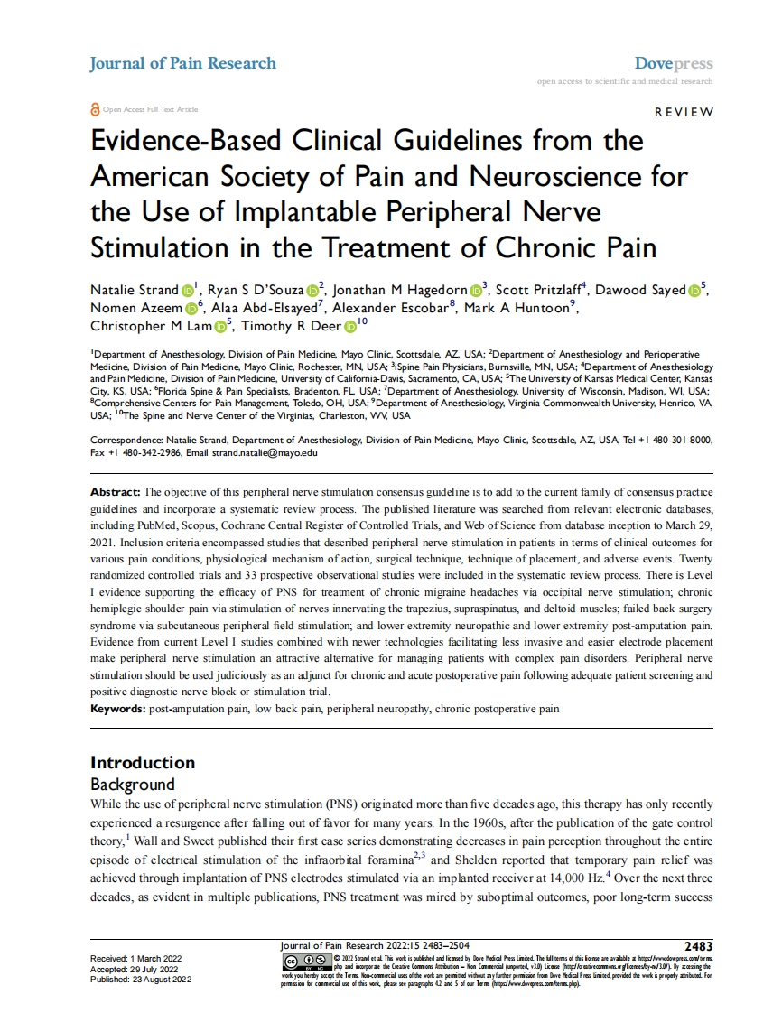 2022+ASPN循证临床实践指南：植入式周围神经刺激在慢性疼痛治疗中的应用