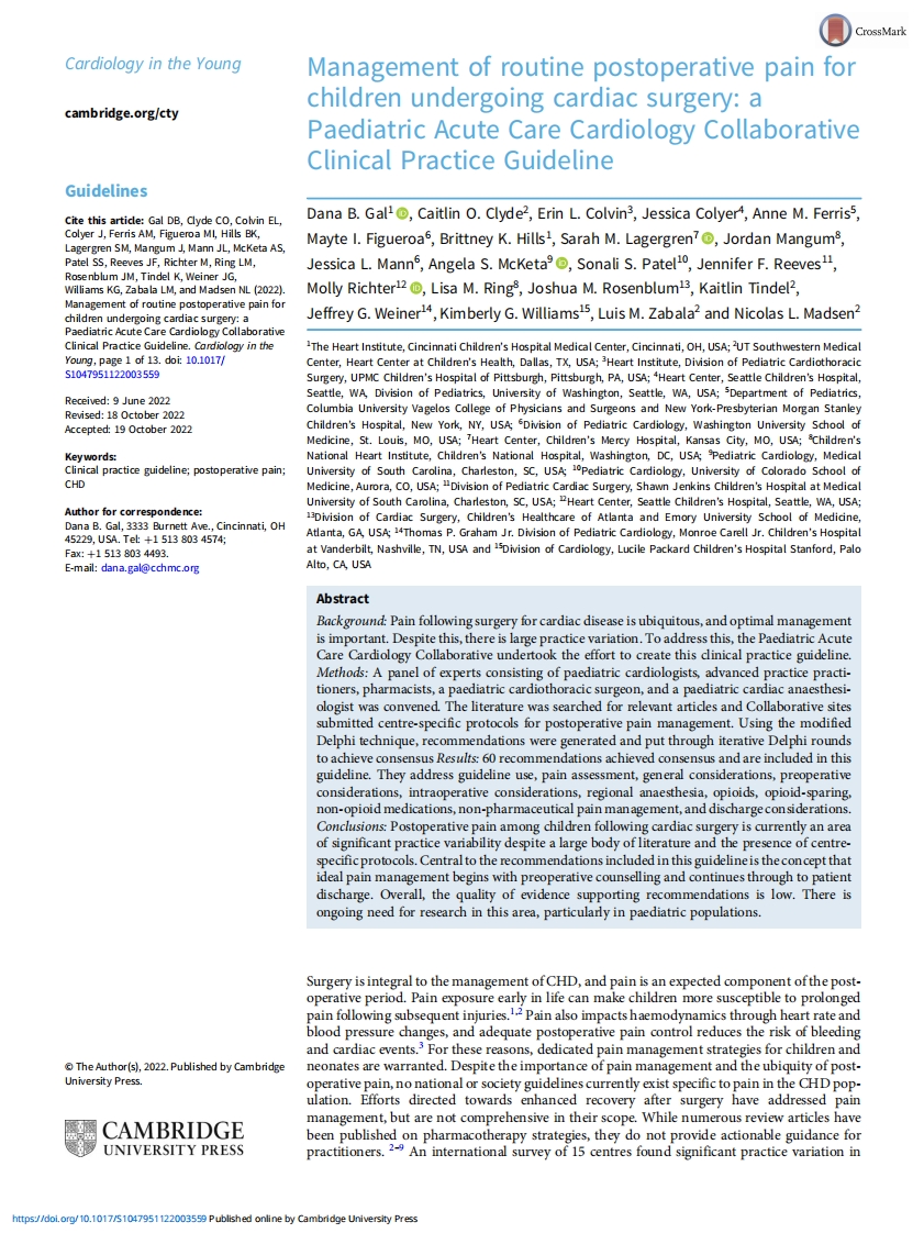 2022+PAC3指南：儿童心脏手术后常规疼痛的管理