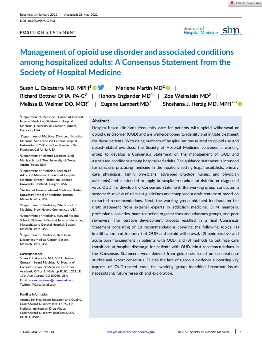 2022+SHM共识声明：住院成人阿片类药物使用障碍及相关情况的管理