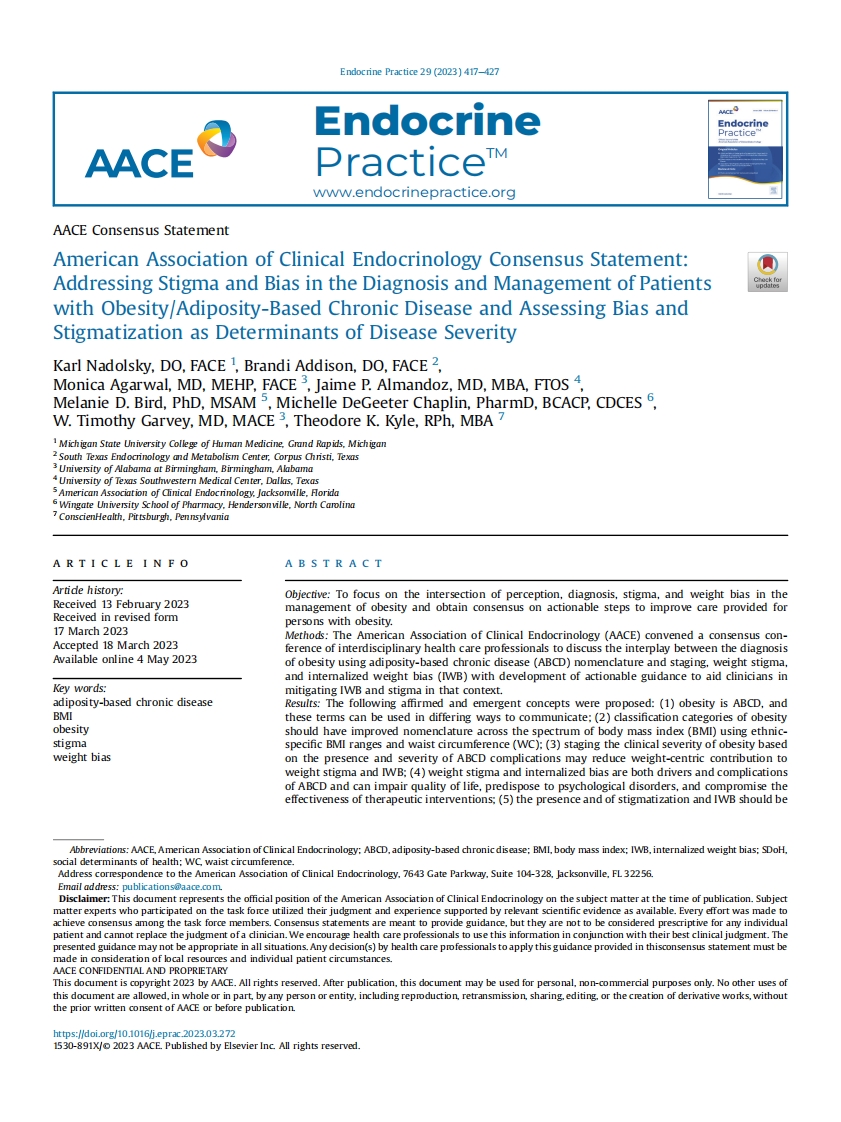 2023 AACE共识声明：解决肥胖 肥胖为基础的慢性疾病患者诊断和管理中的污名和偏见并评估污名和偏见作为疾病严重程度的决定因素