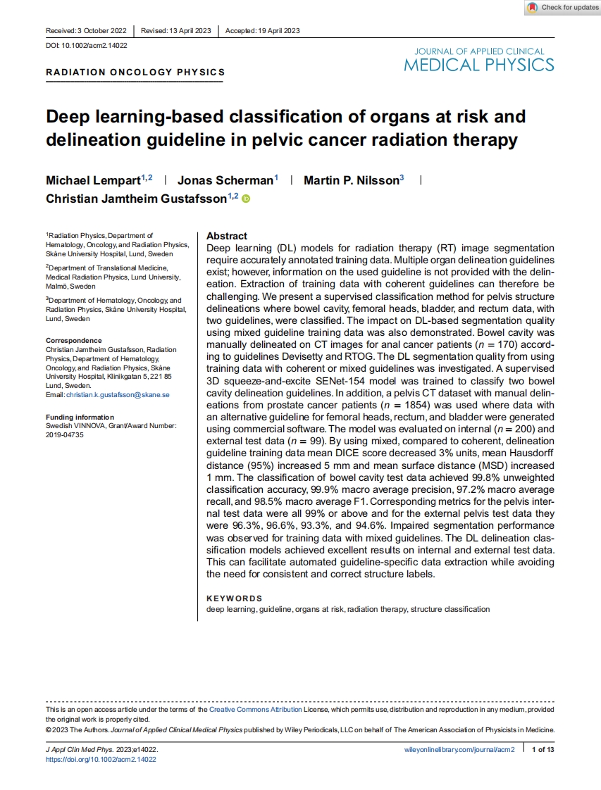 2023 AAPM 指南：基于深度学习的盆腔癌放疗危及器官分类及勾画