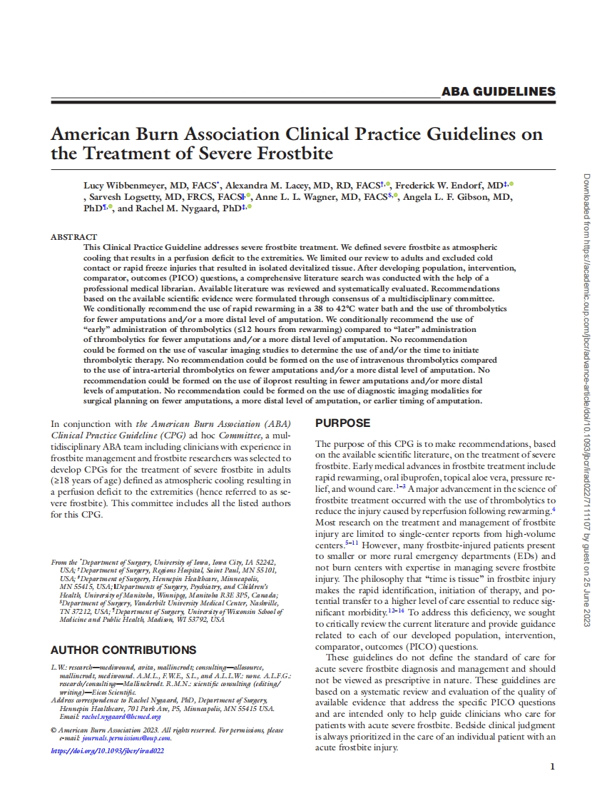 2023 ABA实践指南：重度冻伤的治疗