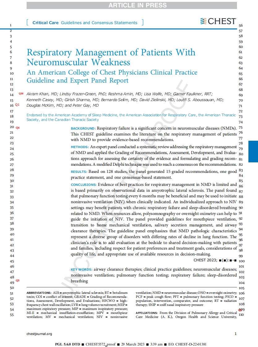 2023 ACCP临床实践指南：神经肌肉无力患者的呼吸管理