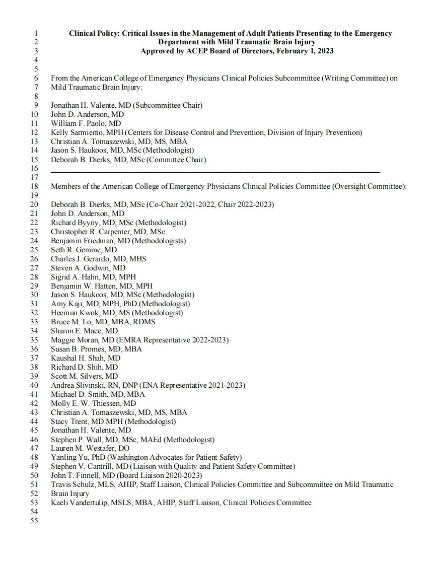 2023 ACEP 建议总结：轻度创伤性脑损伤成人患者急诊管理