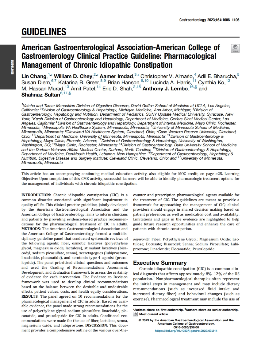 2023 AGA／ACG临床实践指南：慢性特发性便秘的药物治疗