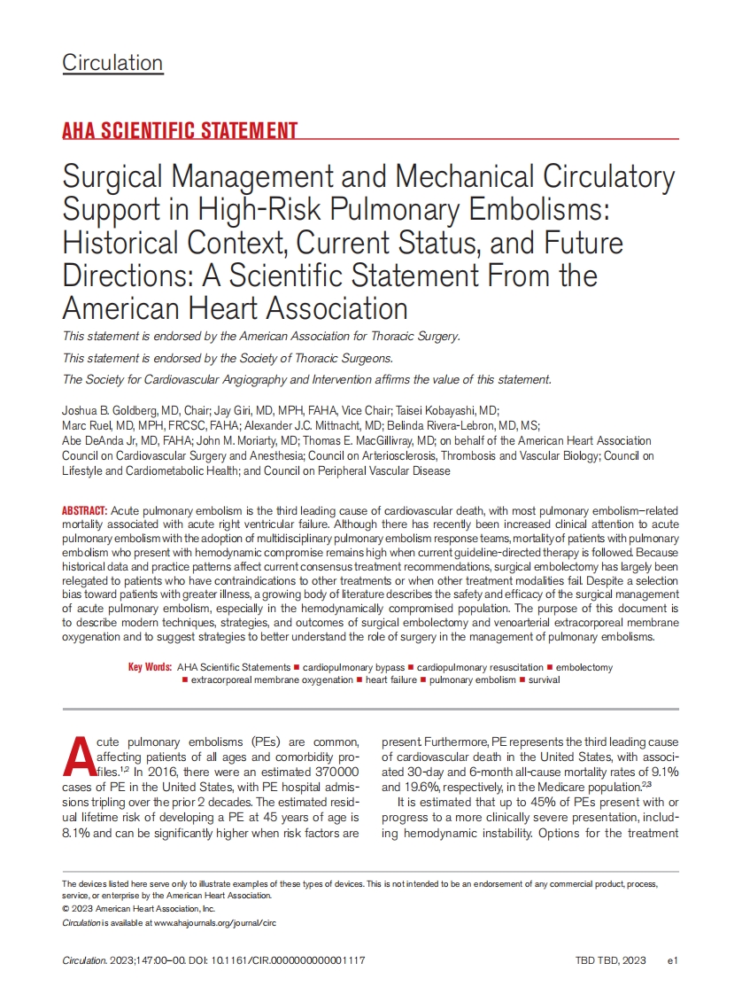 2023 AHA科学声明：高危肺栓塞的手术管理和机械循环支持：历史背景，现状和未来