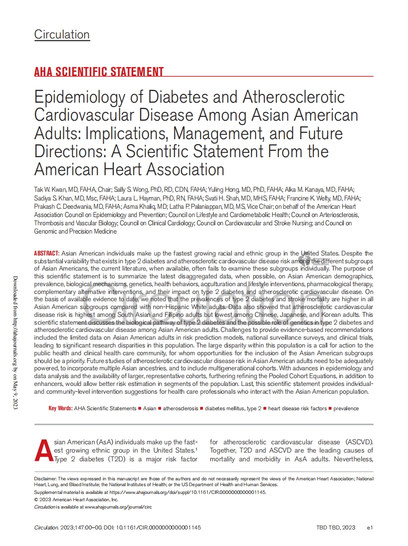 AHA科学声明：美国亚裔成年人糖尿病和动脉粥样硬化性心血管疾病的流行病学：意义、管理和未来方向