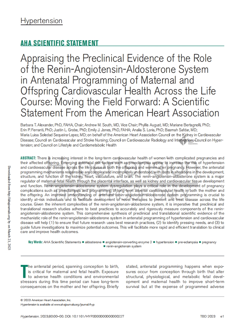 AHA科学声明：评估肾素-血管紧张素-醛固酮系统在母体和后代心血管健康产前规划中的作用的临床前证据