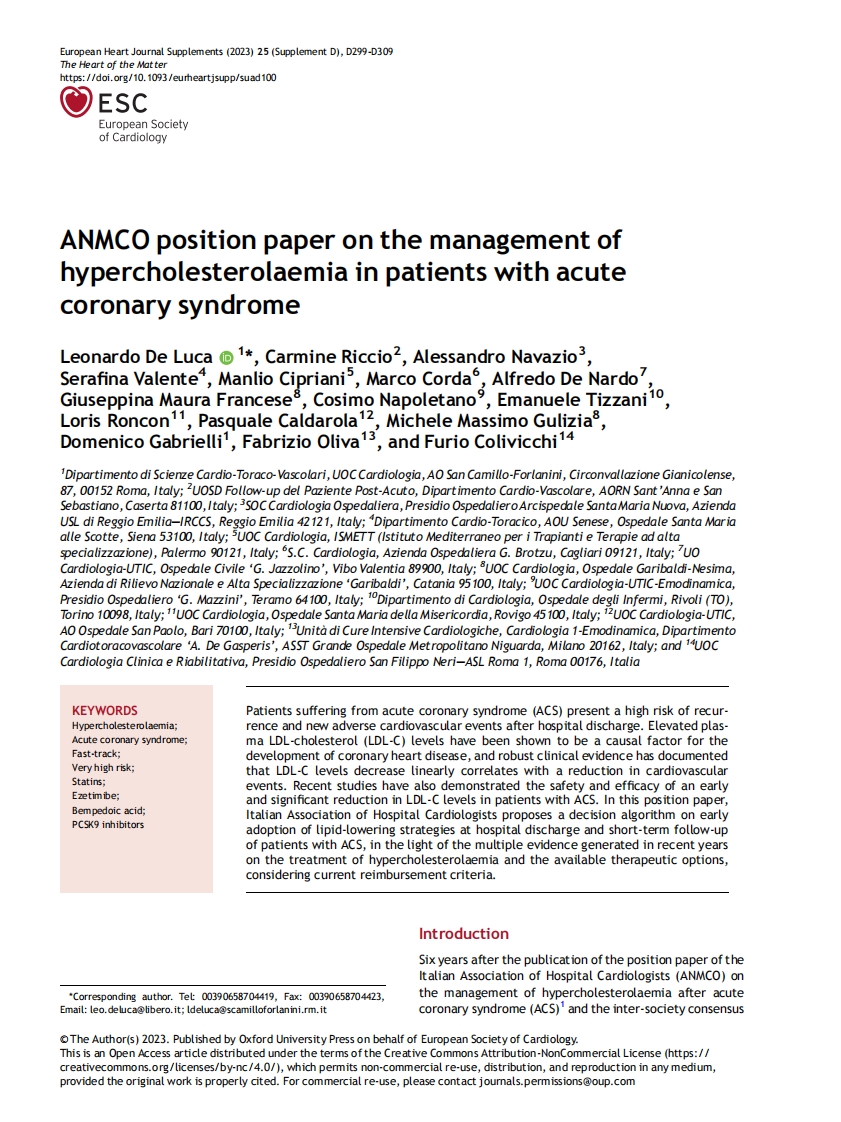 ANMCO意见书：急性冠脉综合征患者高胆固醇血症的管理