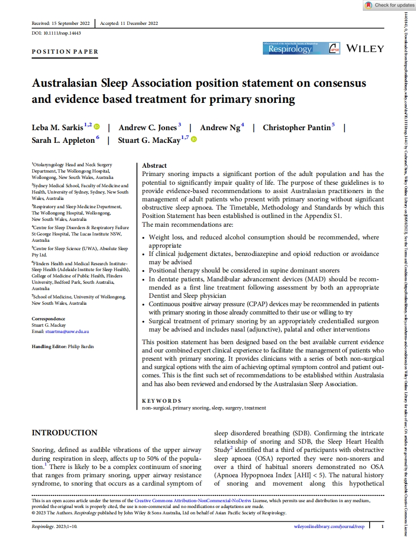 ASA立场声明：原发性鼾症的循证治疗共识