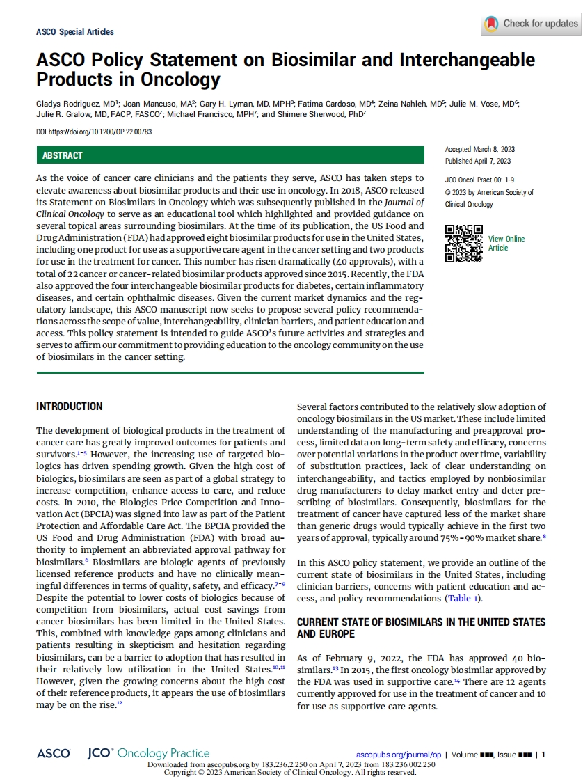 ASCO政策声明_ 关于肿瘤学生物相似物和可互换产品