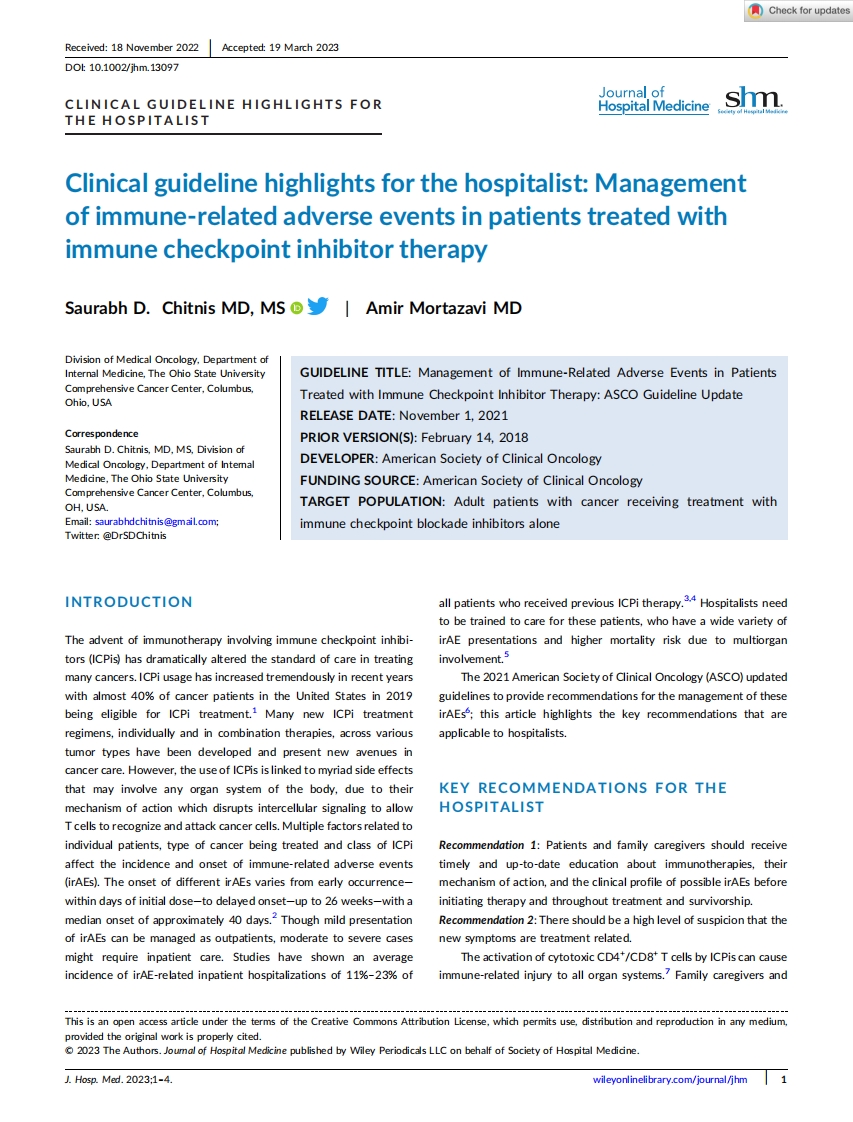 ASCO指南解读：对接受免疫检查点抑制剂治疗的患者的免疫相关不良事件的管理中适用于住院医师的主要建议