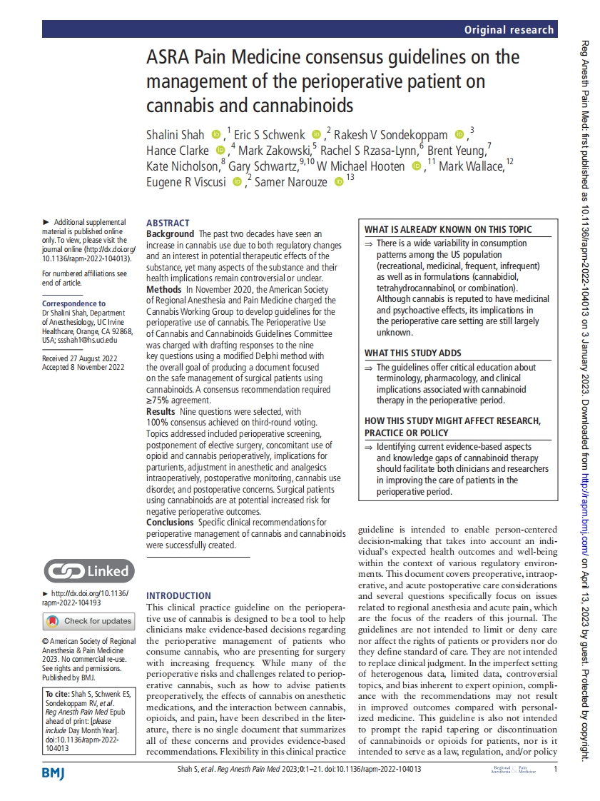 ASRA疼痛医学共识指南：使用大麻和大麻素患者围术期管理