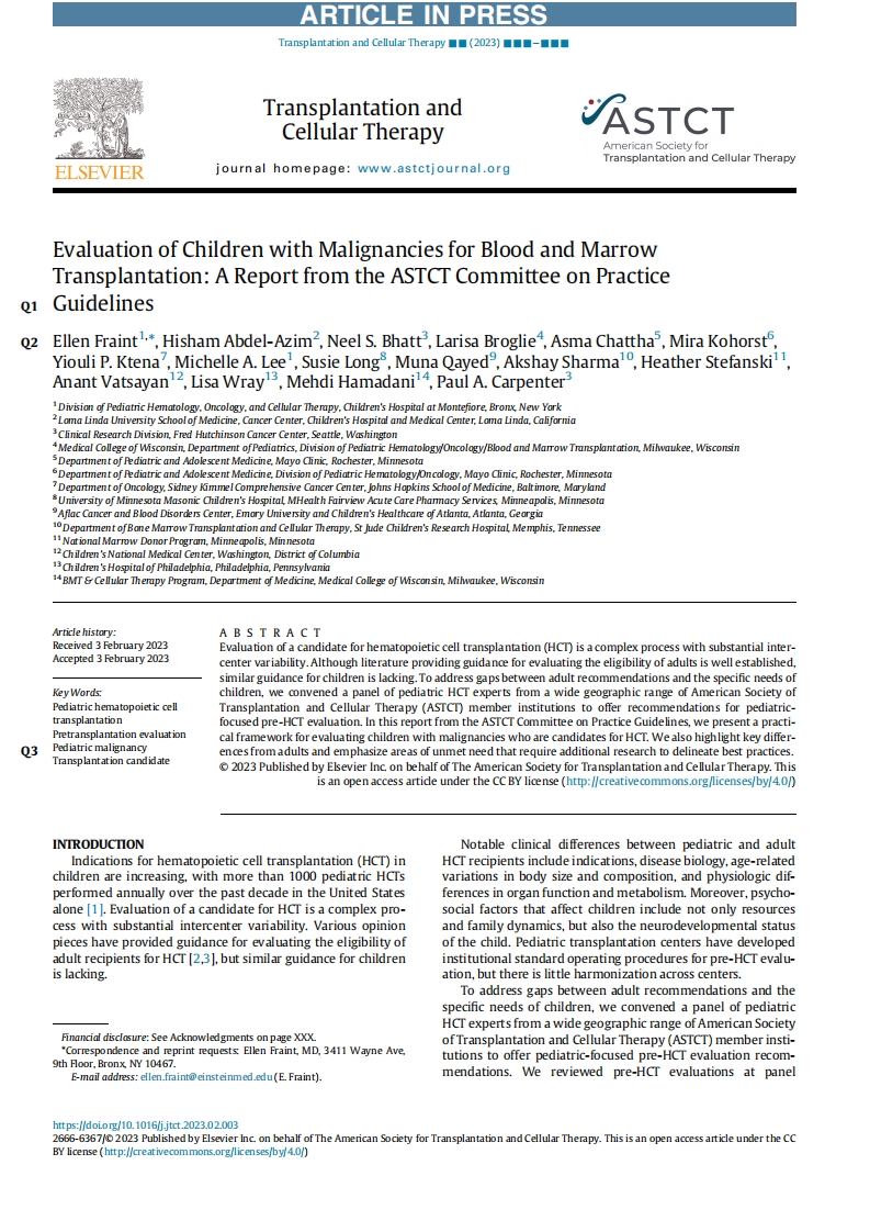 ASTCT实践指南：儿童恶性肿瘤血液和骨髓移植的评估
