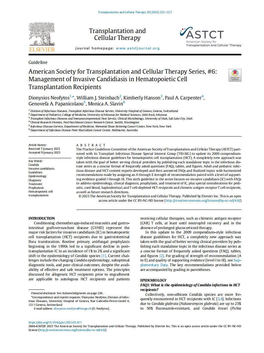 ASTCT指南：造血细胞移植受者侵袭性念珠菌病的管理