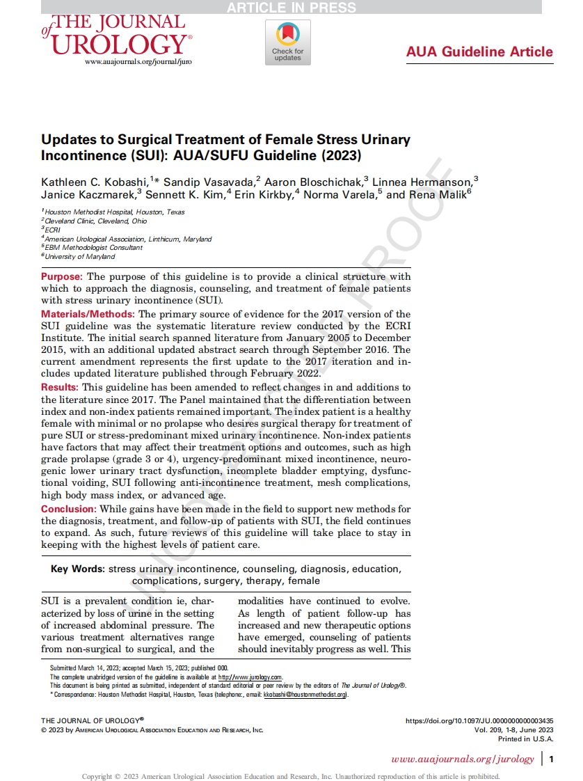 AUA／SUFU 指南指南：手术治疗女性压力性尿失禁（更新）