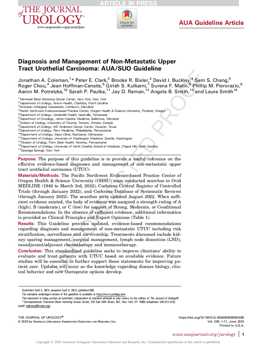 AUA／SUO指南：非转移性上尿路上皮癌的诊断和管理