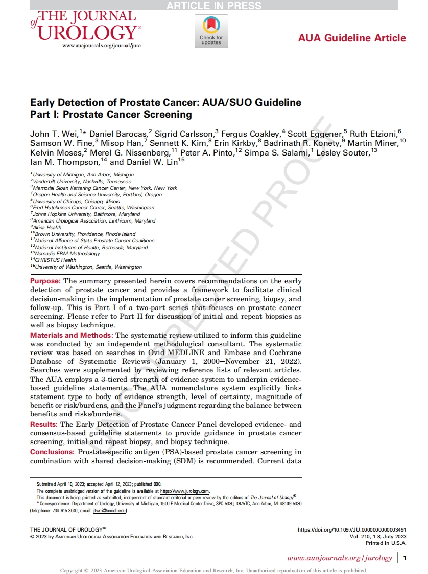 AUA_SUO指南：前列腺癌早期检测—第1部分：前列腺癌筛查