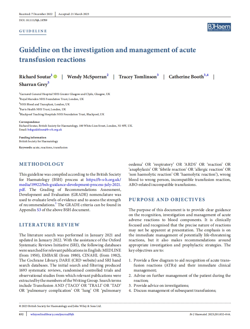 BSH指南：急性输血反应的调查与管理