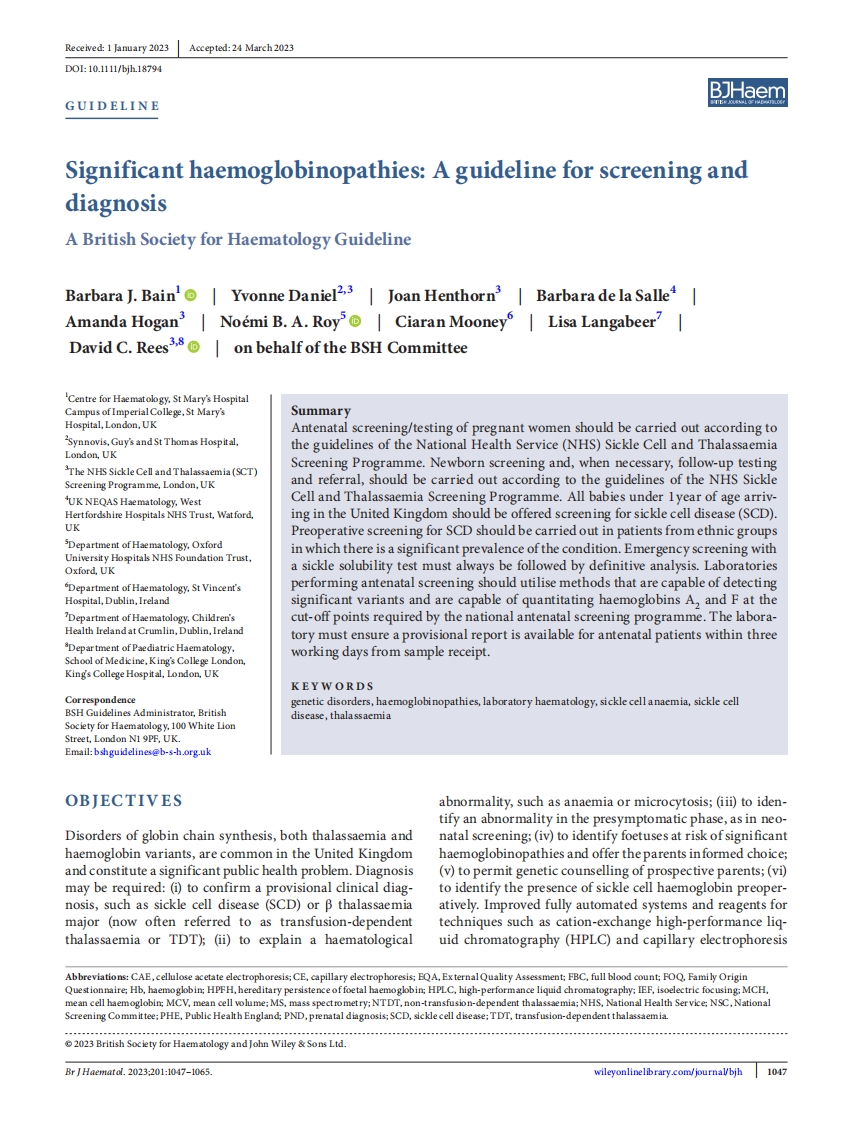 BSH指南：重大血红蛋白病的筛查和诊断