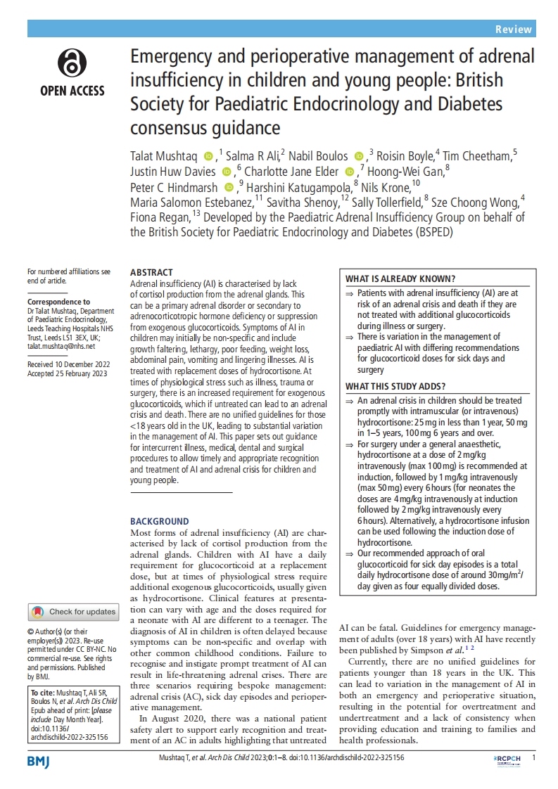 BSPED共识指南：儿童和青年肾上腺功能不全的急诊和围手术期管理