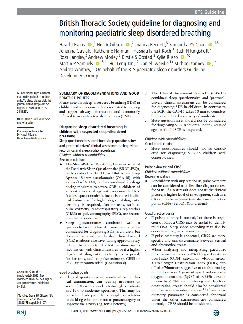 BTS指南：儿童睡眠呼吸障碍的诊断和监测