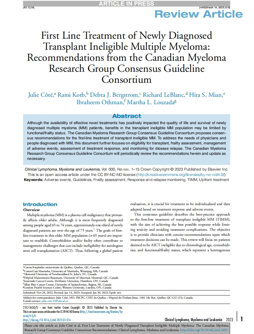 CMRG建议：新诊断不适合移植治疗的多发性骨髓瘤的一线治疗