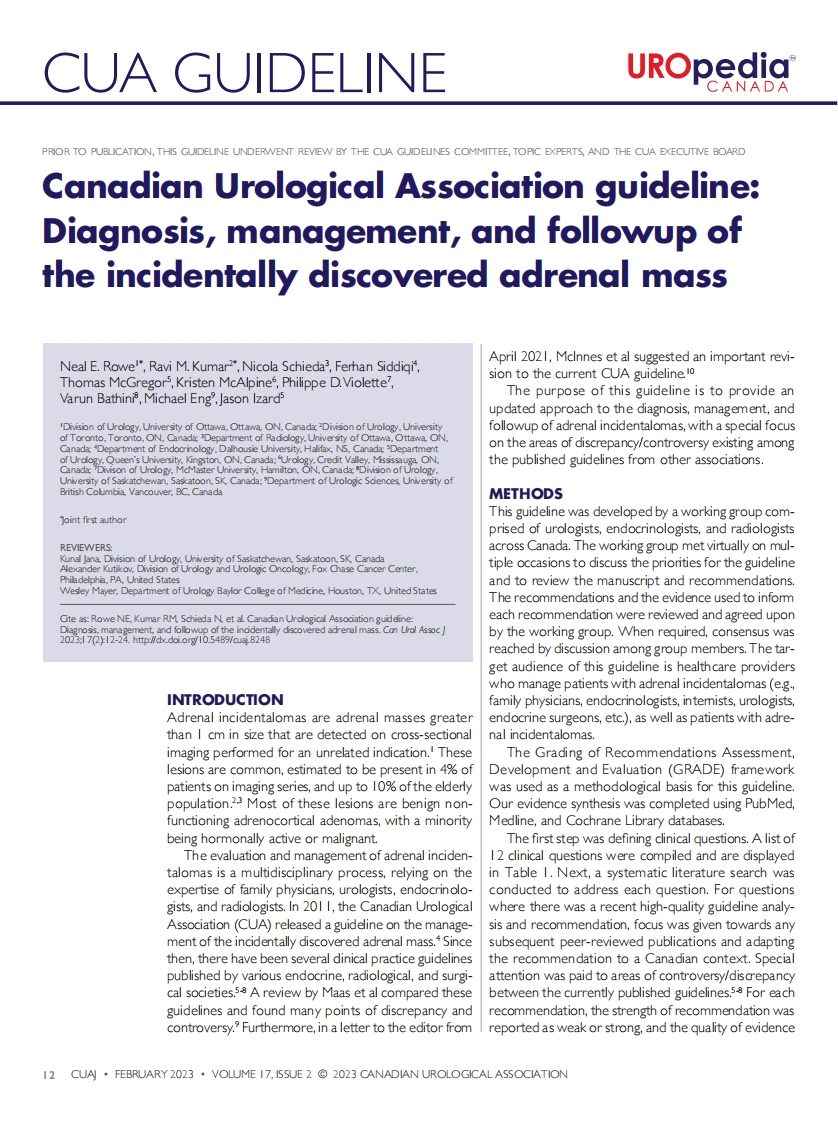 CUA指南：偶然发现的肾上腺肿块的诊断，管理和随访