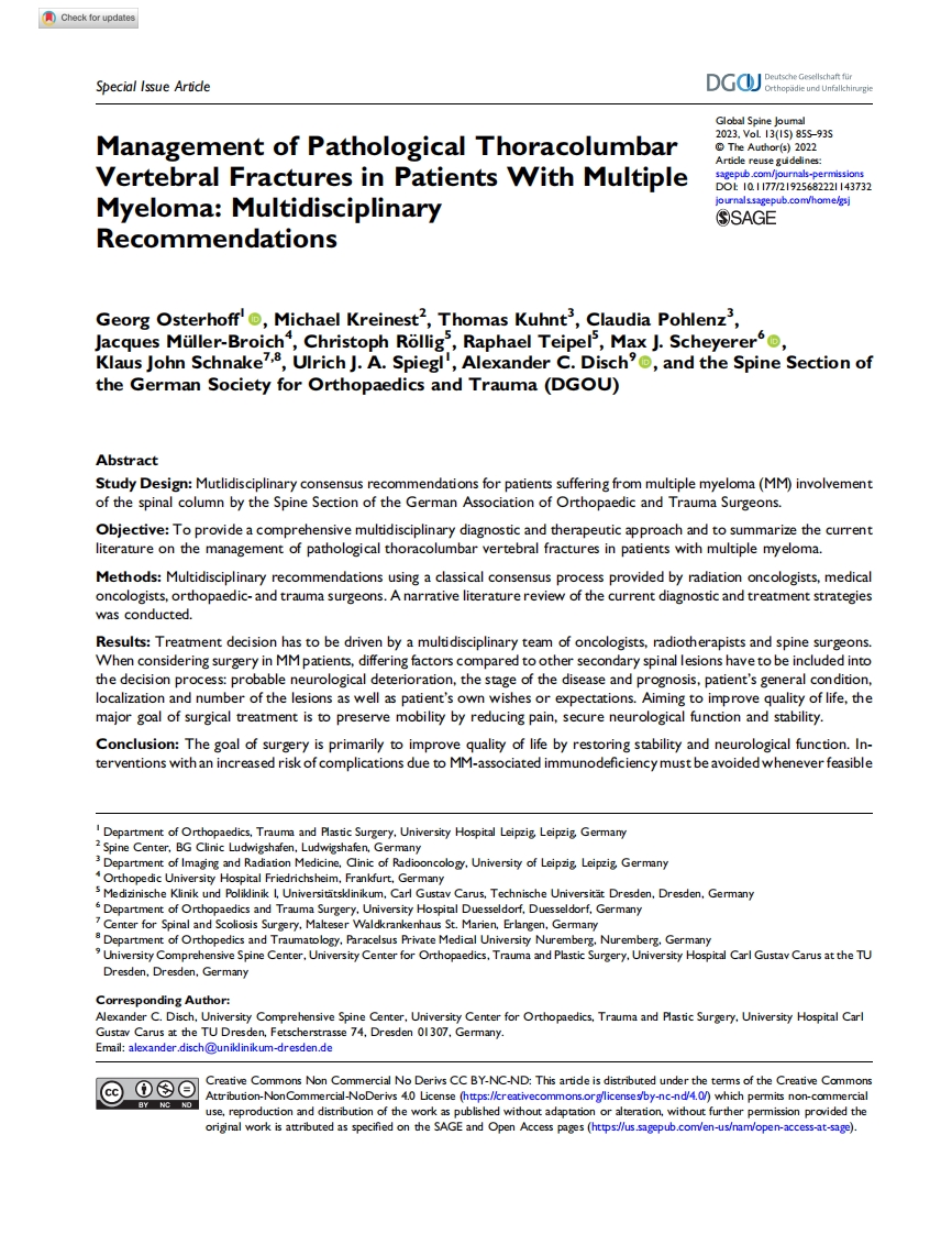 DGOU多学科建议：多发性骨髓瘤患者病理性胸腰椎骨折的管理(8)