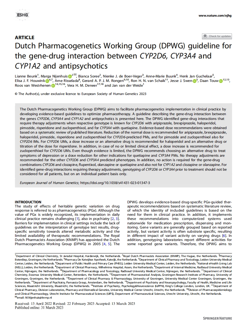 DPWG指南：CYP2D6, CYP3A4和CYP1A2与抗精神病药物之间的基因-药物相互作用