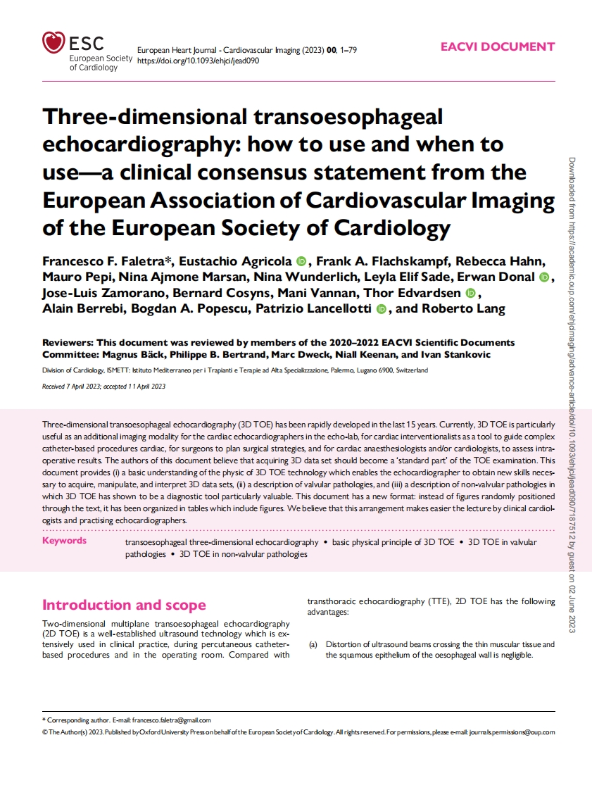 EACVI-ESC临床共识声明：经食道三维超声心动图的应用和时机