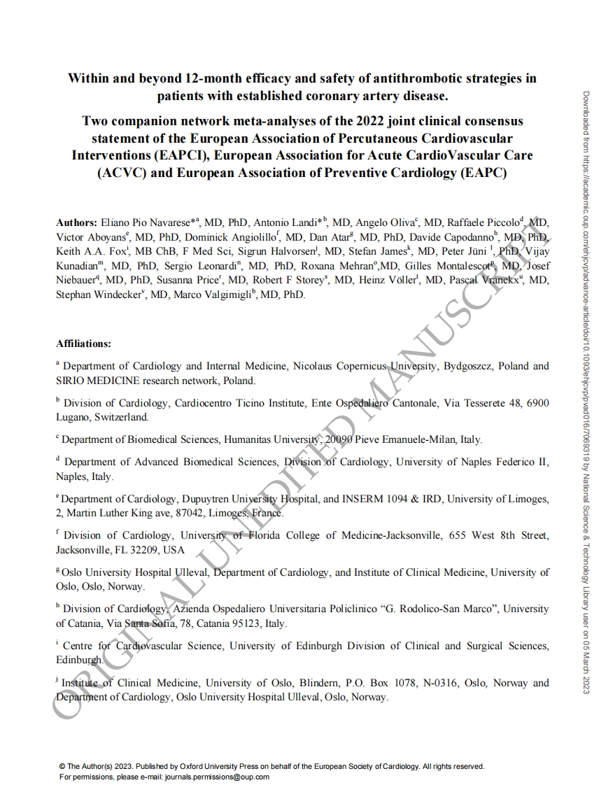 EAPCI_ACVC_EAPC联合共识声明：冠心病患者12个月内和12个月后抗血栓治疗的有效性和安全性