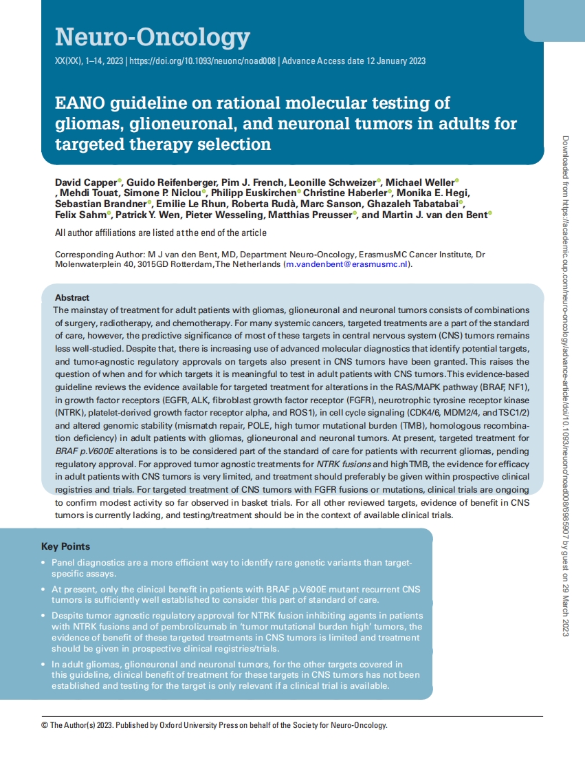 EANO指南：成人神经胶质瘤、胶质神经元和神经元肿瘤用于靶向治疗选择的合理分子检测