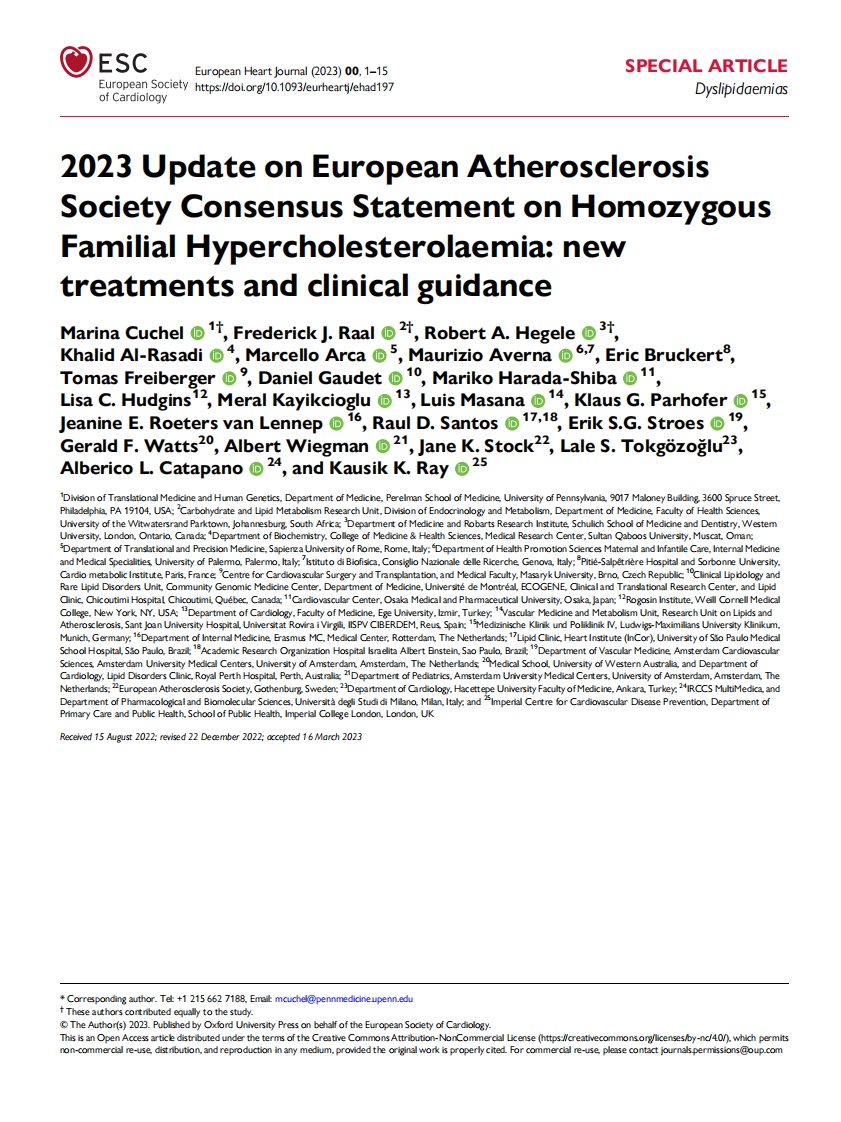 EAS共识声明：纯合子家族性高胆固醇血症——新的治疗方法和临床指南（更新版）
