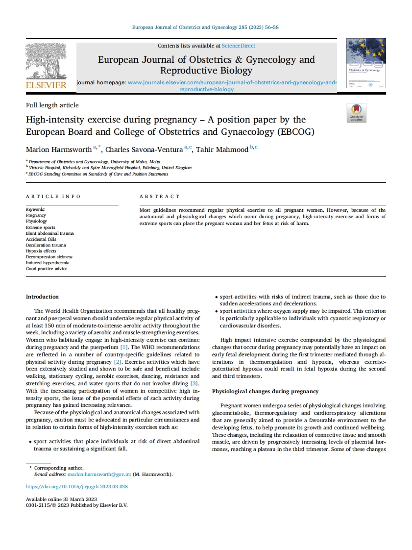 EBCOG意见书：妊娠期高强度运动