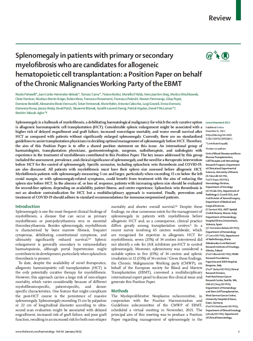 EBMT意见书：适合同种异体造血细胞移植的原发性或继发性骨髓纤维化患者脾肿大