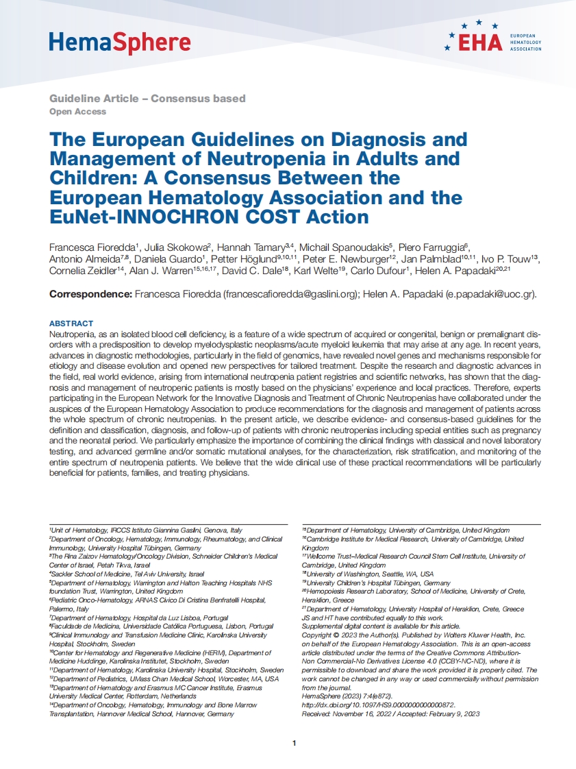 EHA共识指南：成人和儿童中性粒细胞减少症的诊断和治疗
