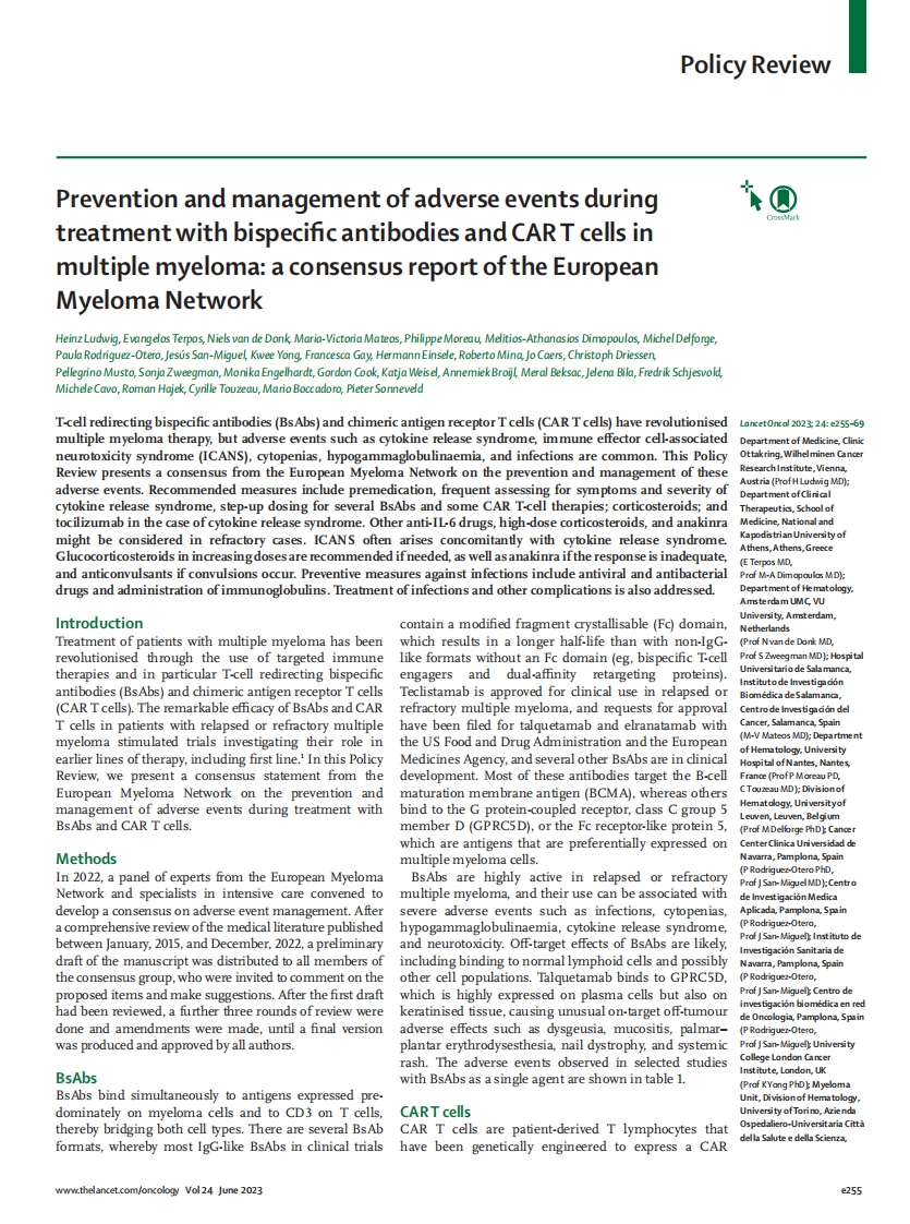 EMN共识报告：双特异性抗体和CAR-T细胞治疗多发性骨髓瘤期间不良事件的预防和管理