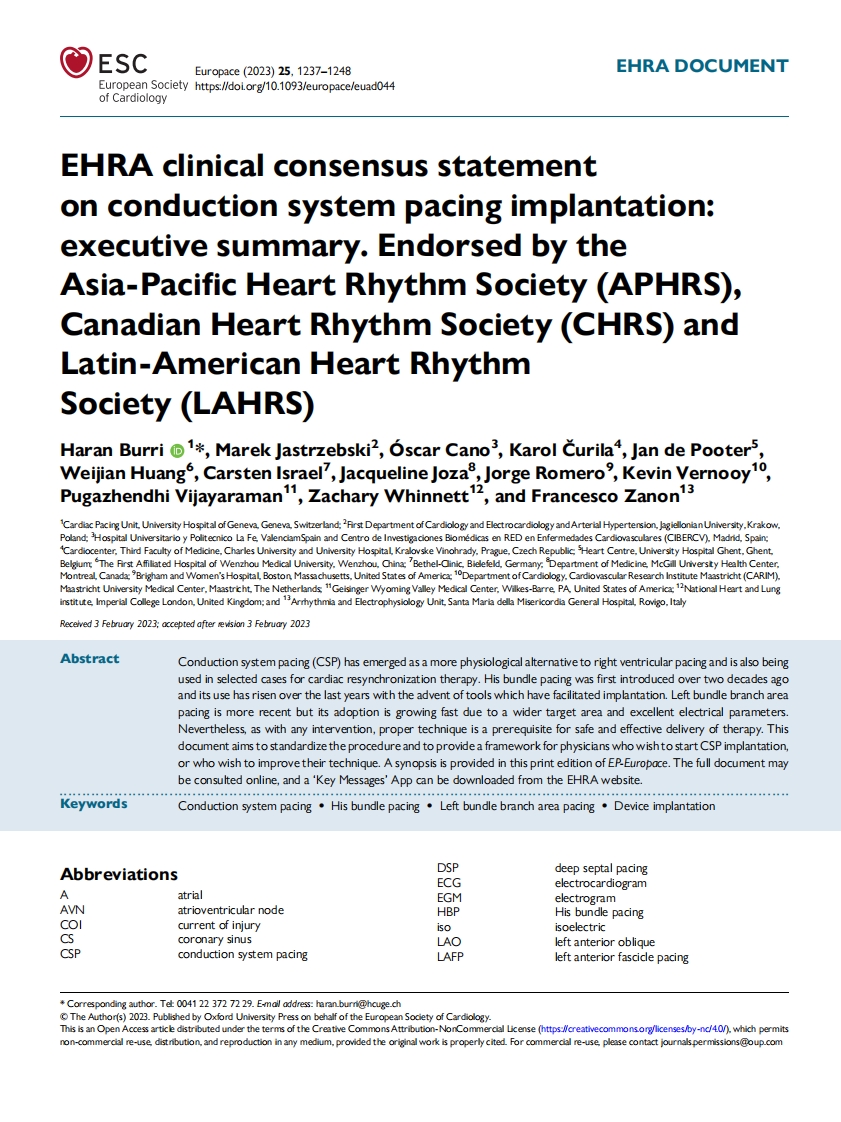 EHRA临床共识声明：传导系统起搏植入（概要）